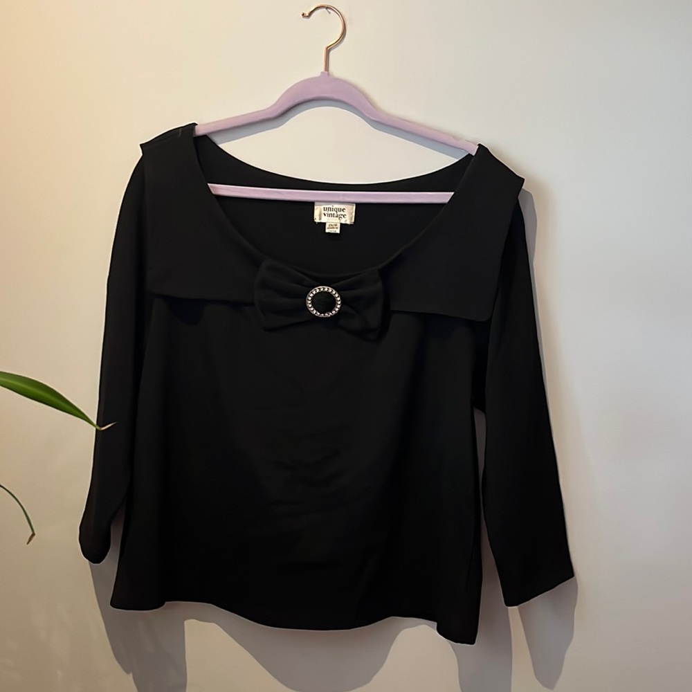 Unique Vintage Black Bow Accent Long Sleeve Top 2x PLUS SIZE